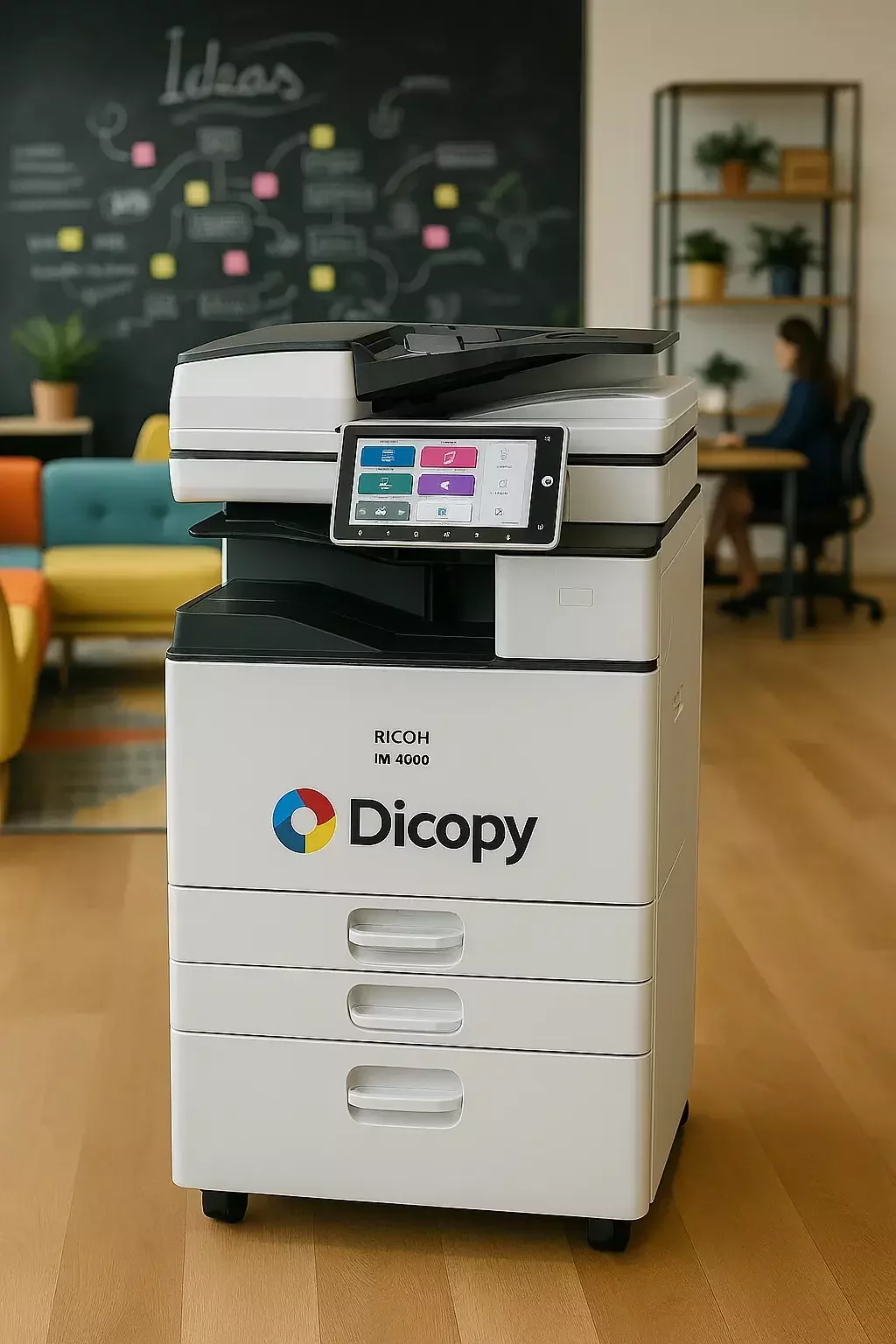 Impresora multifuncional Ricoh IM 4000 con logo DICOPY en oficina creativa y moderna en Colombia