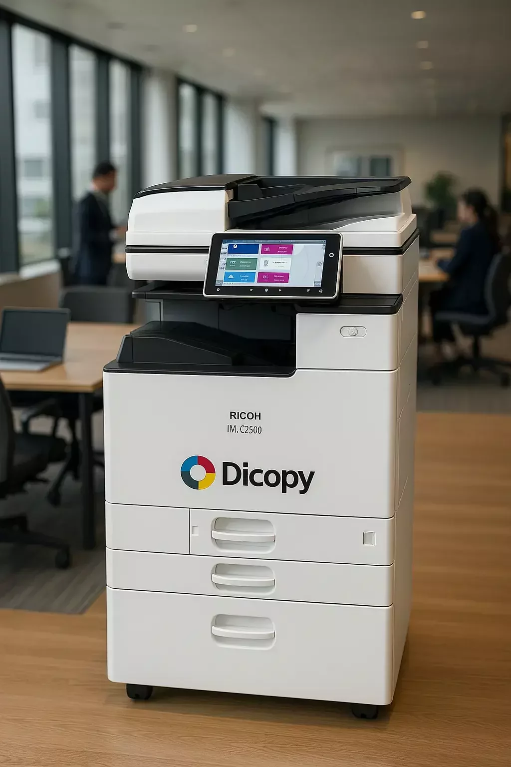 Impresora multifuncional Ricoh MP 301 con logo DICOPY en oficina moderna