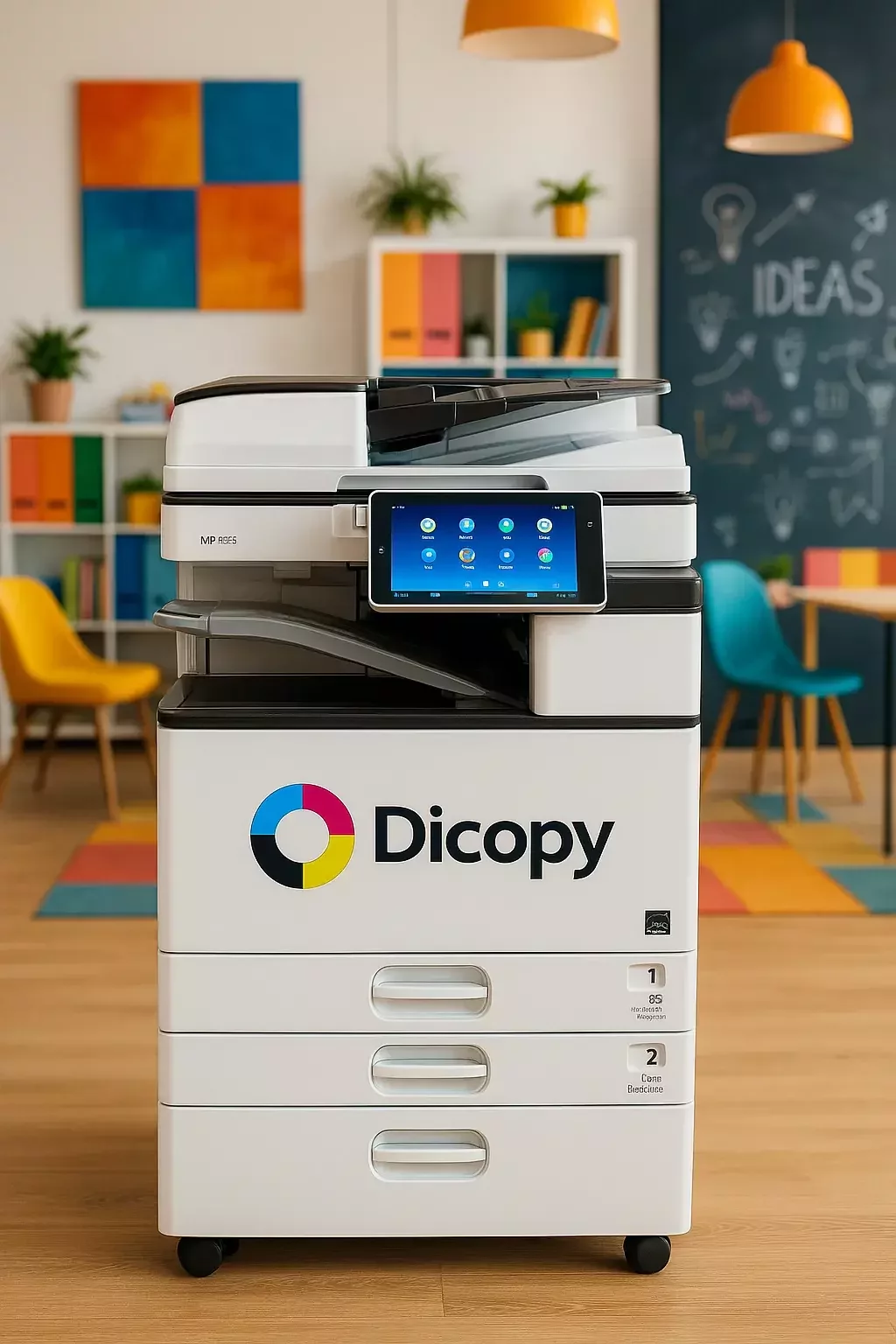 Impresora multifuncional Ricoh MP 2555 con logo DICOPY en oficina creativa y moderna en Colombia
