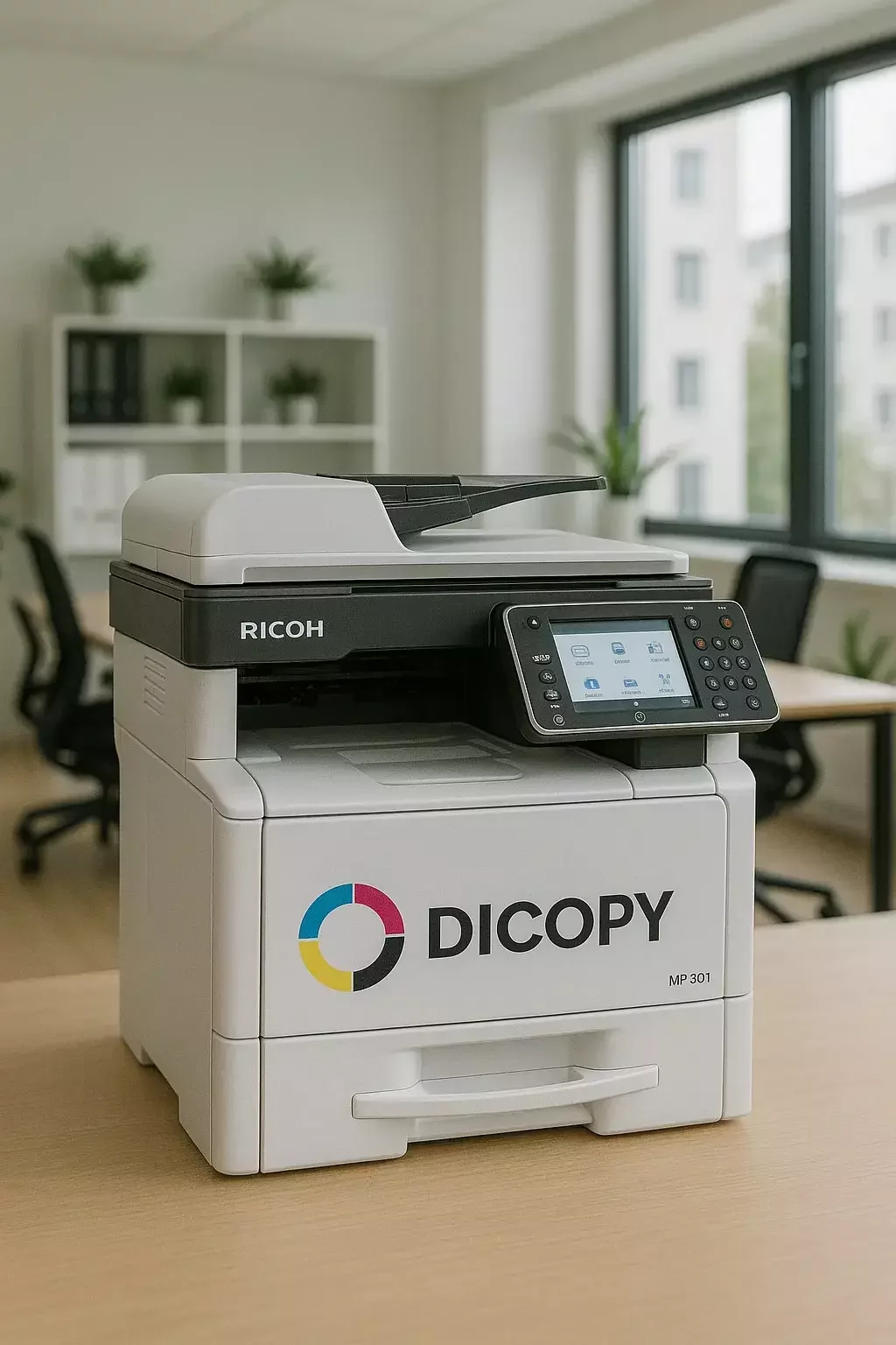 Impresora multifuncional Ricoh MP 301 con logo DICOPY en oficina moderna