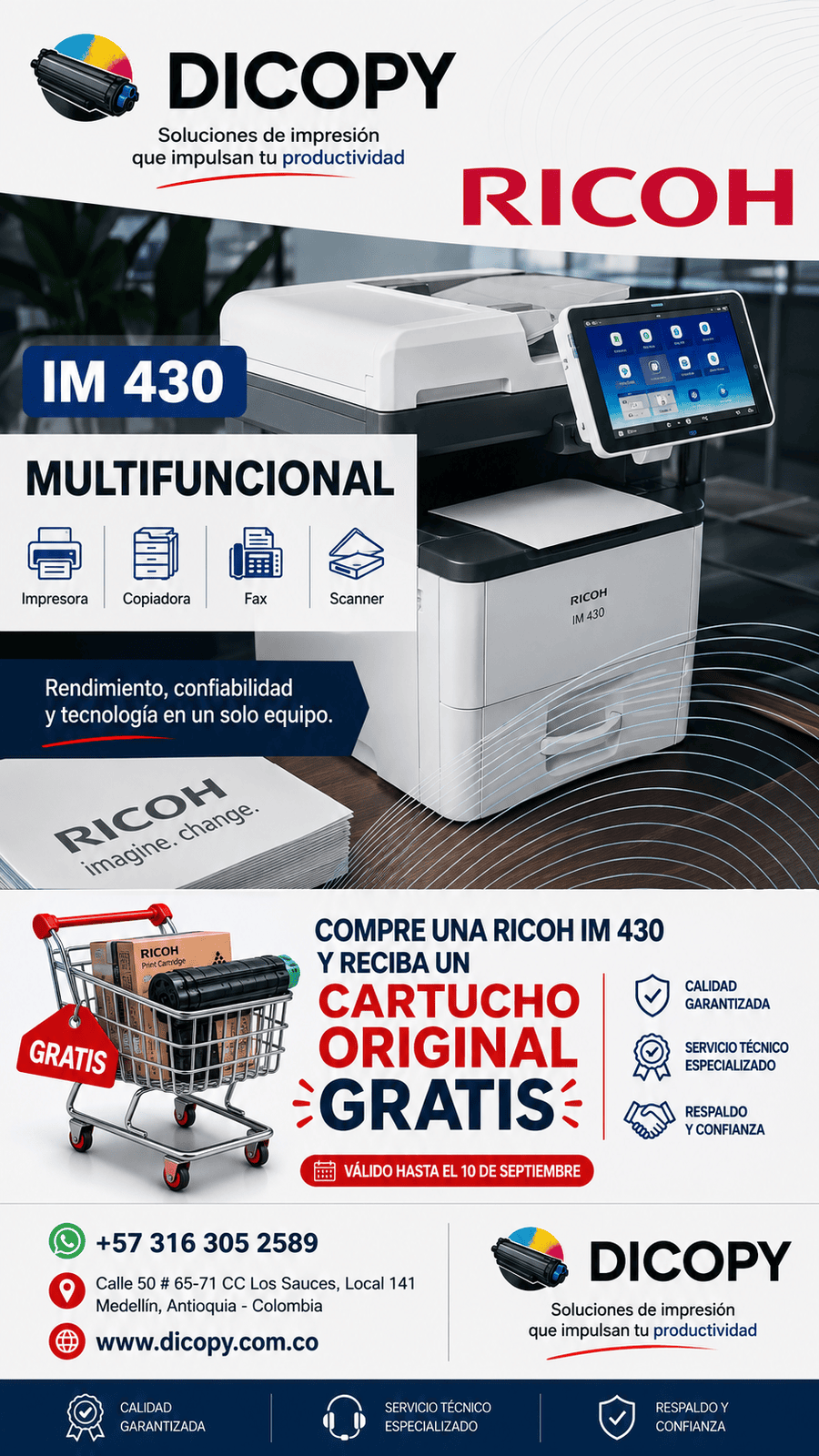 Promoción Ricoh IM 430 multifuncional con cartucho original gratis en Dicopy Colombia
